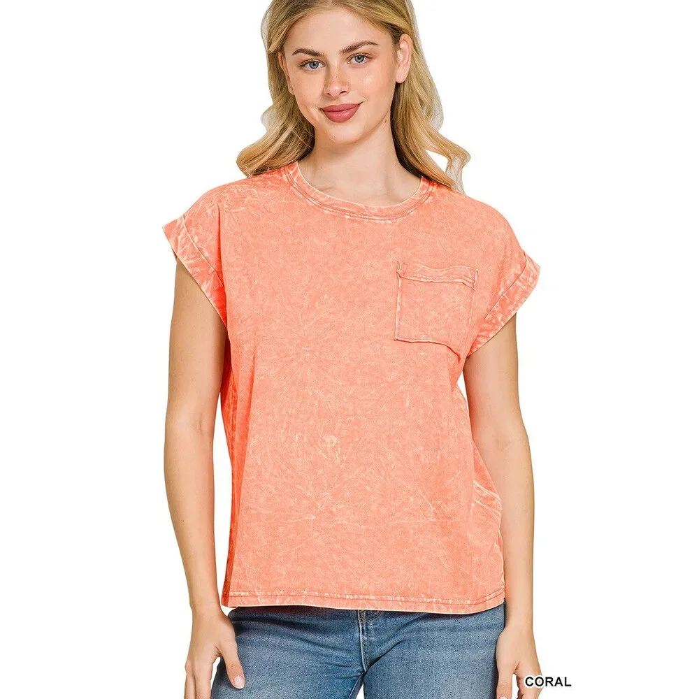 Zenana Crinkle Washed Round Neck Folded Short Sleeve Tee